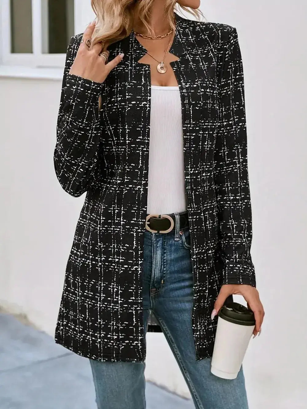 Plaid Open Front Long Sleeve Blazer  Style Ratio