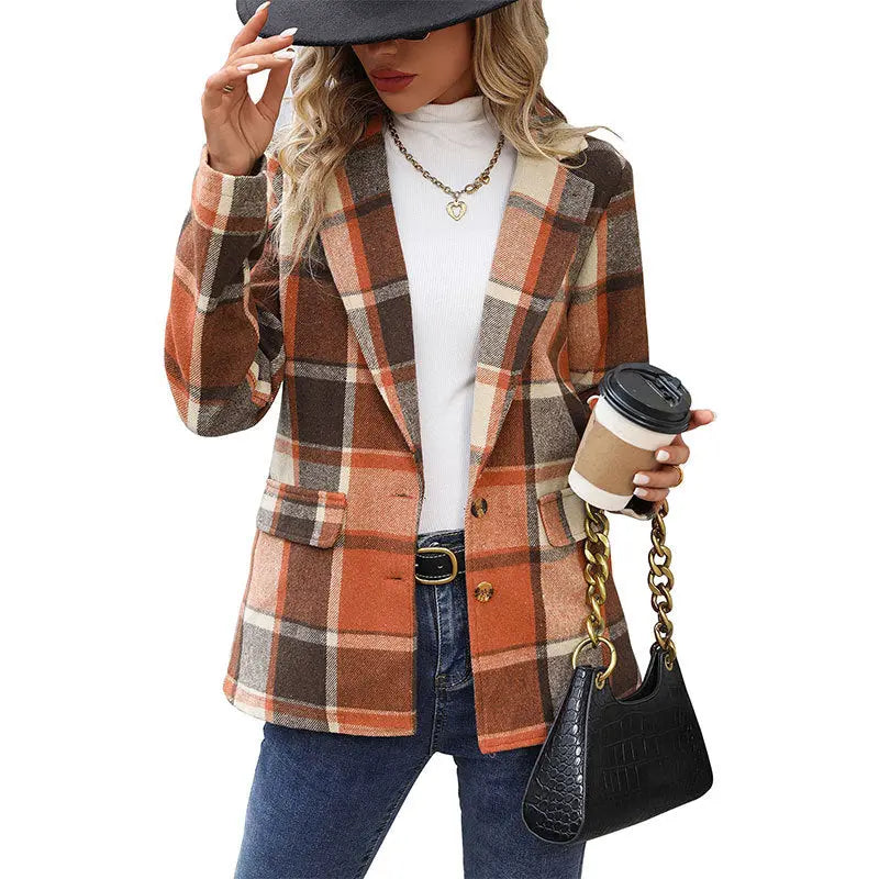 Plaid Women Vintage Notched Lapel Blazer  Style Ratio