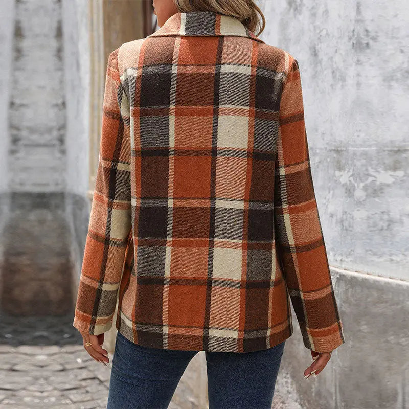Plaid Women Vintage Notched Lapel Blazer  Style Ratio