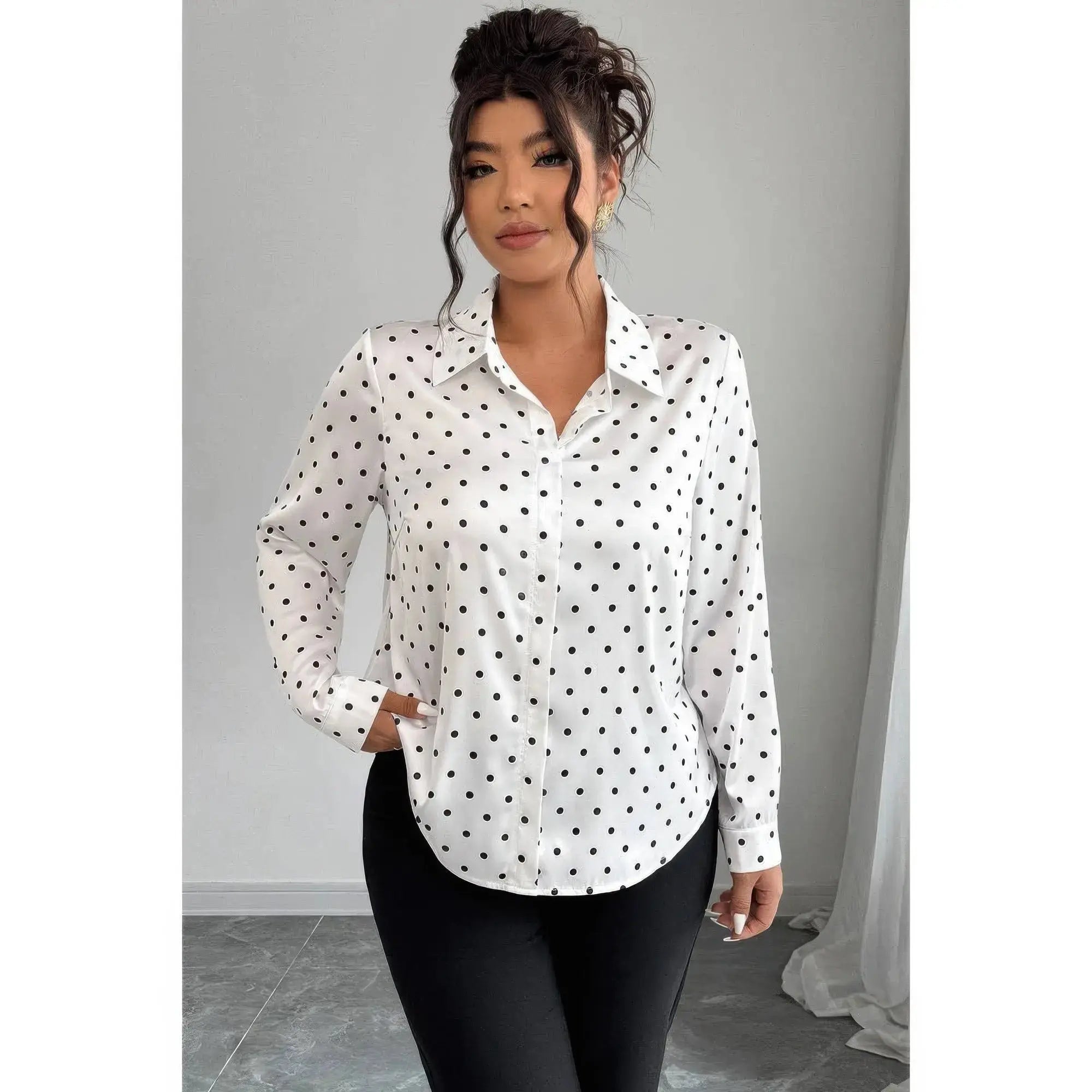 Plus Size Polka Dot Button Up Long Sleeve Shirt  Style Ratio