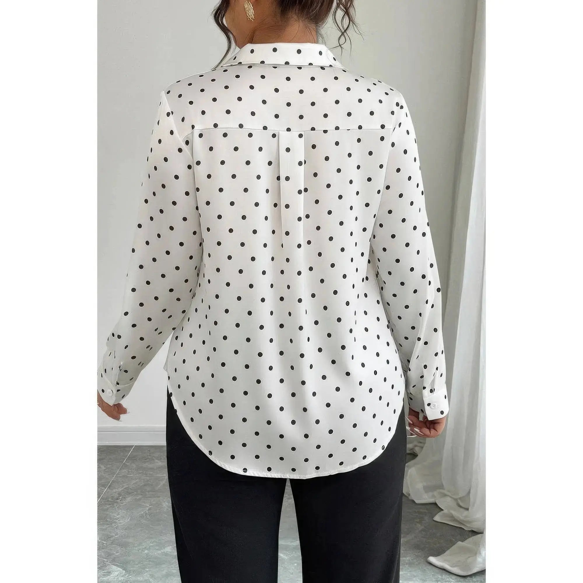 Plus Size Polka Dot Button Up Long Sleeve Shirt  Style Ratio