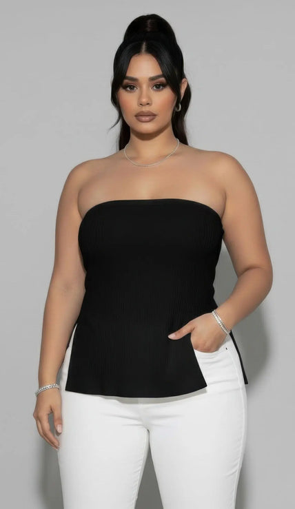 Plus Strapless Ribbed Side-slit Flare Top  Style Ratio
