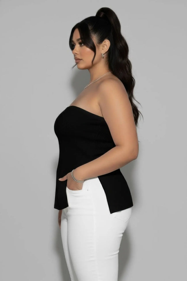 Plus Strapless Ribbed Side-slit Flare Top  Style Ratio