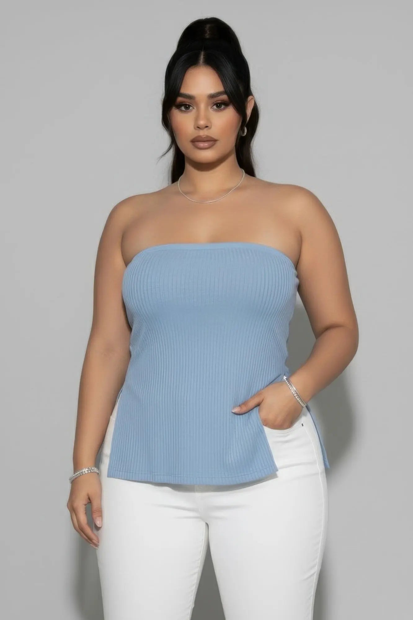 Plus Strapless Ribbed Side-slit Flare Top  Style Ratio