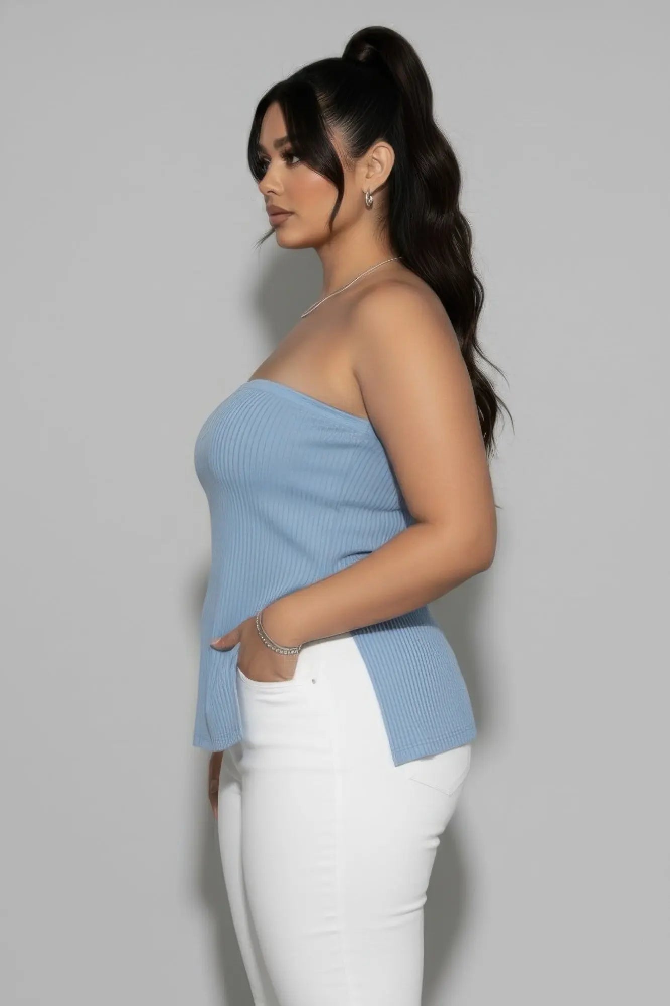 Plus Strapless Ribbed Side-slit Flare Top  Style Ratio