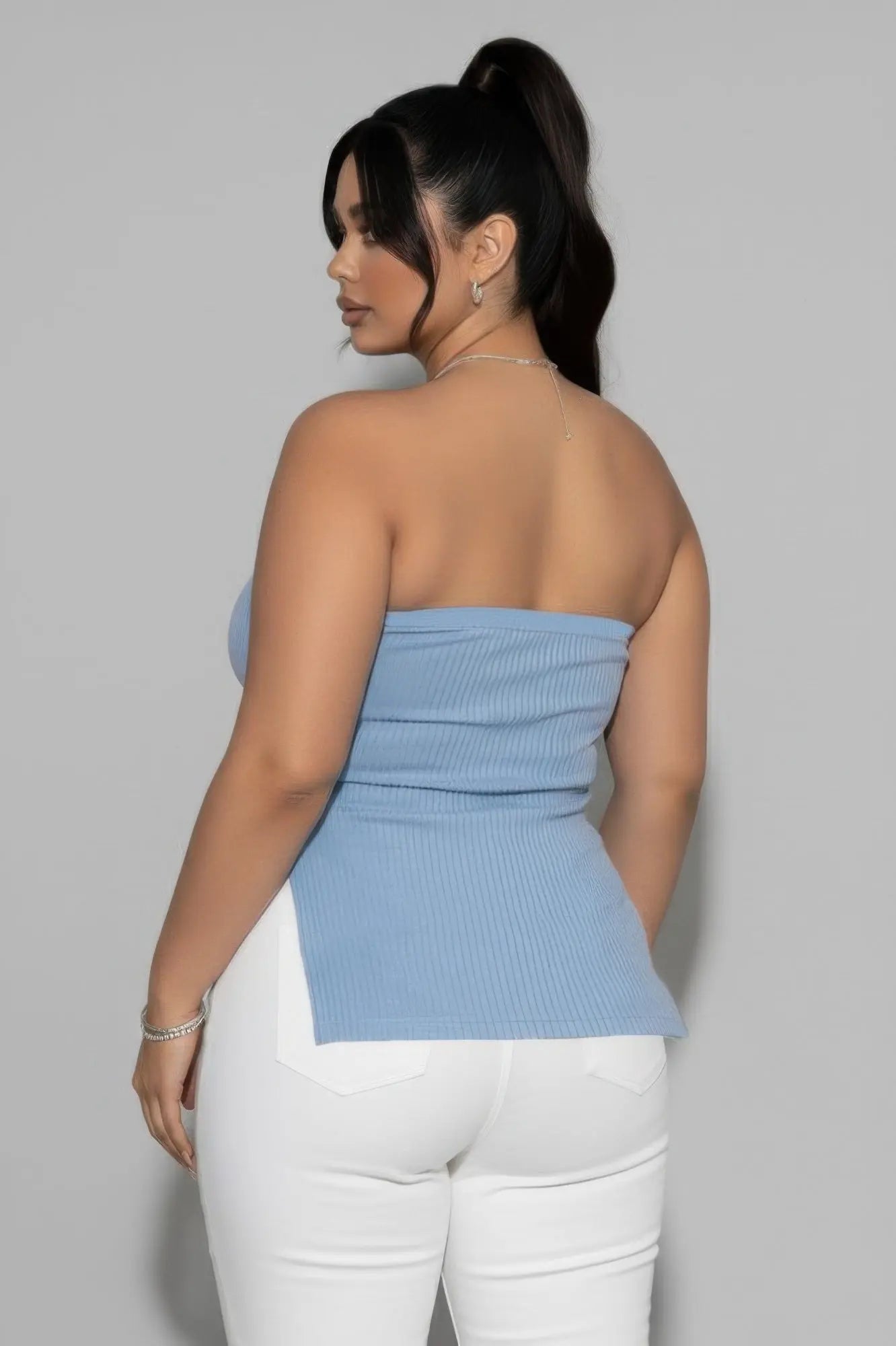 Plus Strapless Ribbed Side-slit Flare Top  Style Ratio