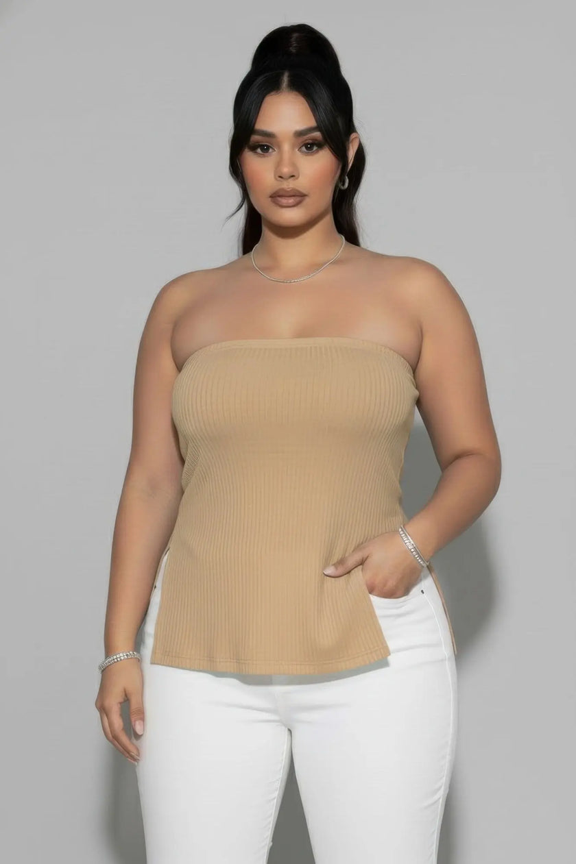 Plus Strapless Ribbed Side-slit Flare Top  Style Ratio