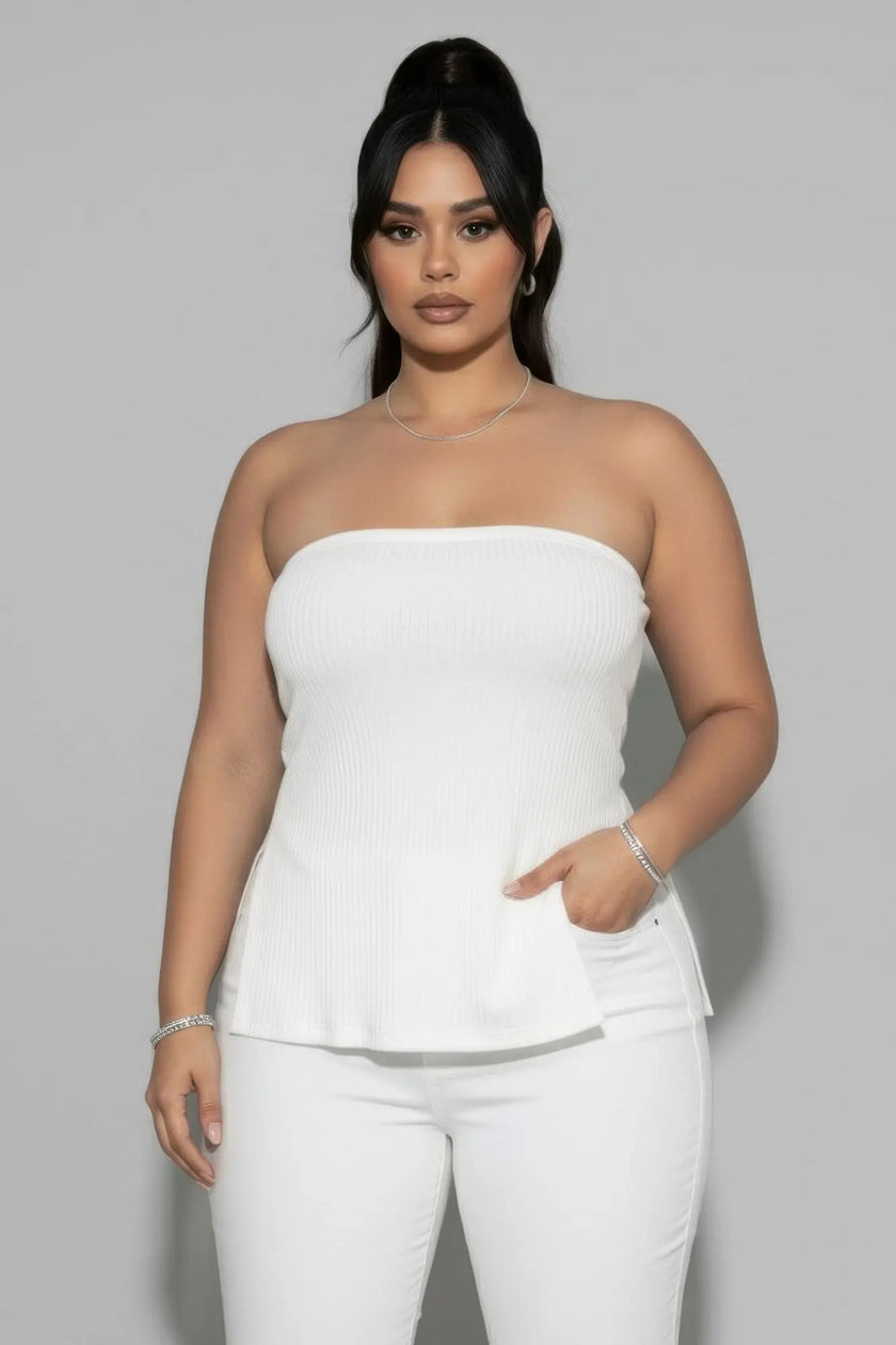 Plus Strapless Ribbed Side-slit Flare Top  Style Ratio