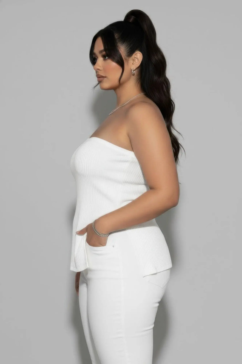 Plus Strapless Ribbed Side-slit Flare Top  Style Ratio