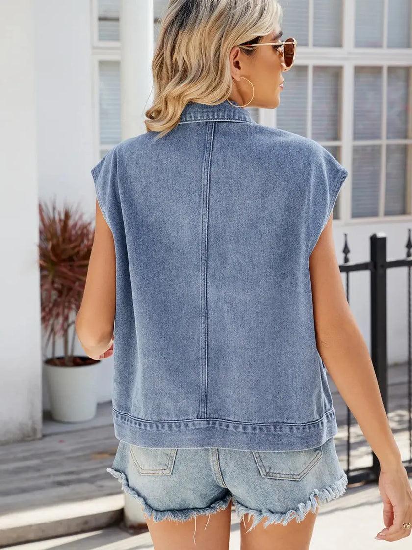 Pocketed Button Up Sleeveless Denim Jacket  Style Ratio