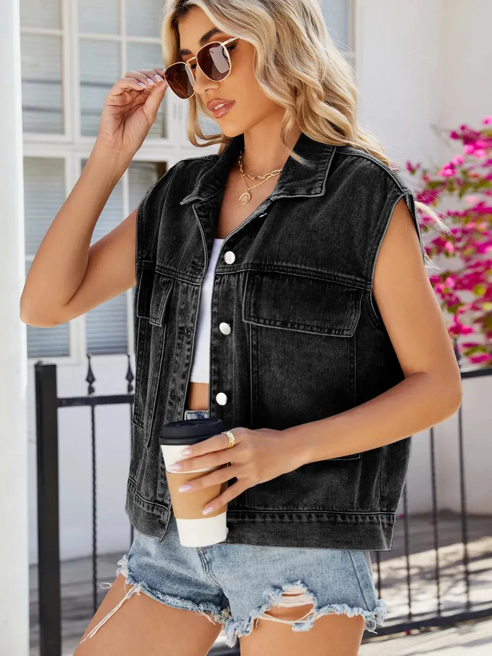 Pocketed Button Up Sleeveless Denim Jacket  Style Ratio