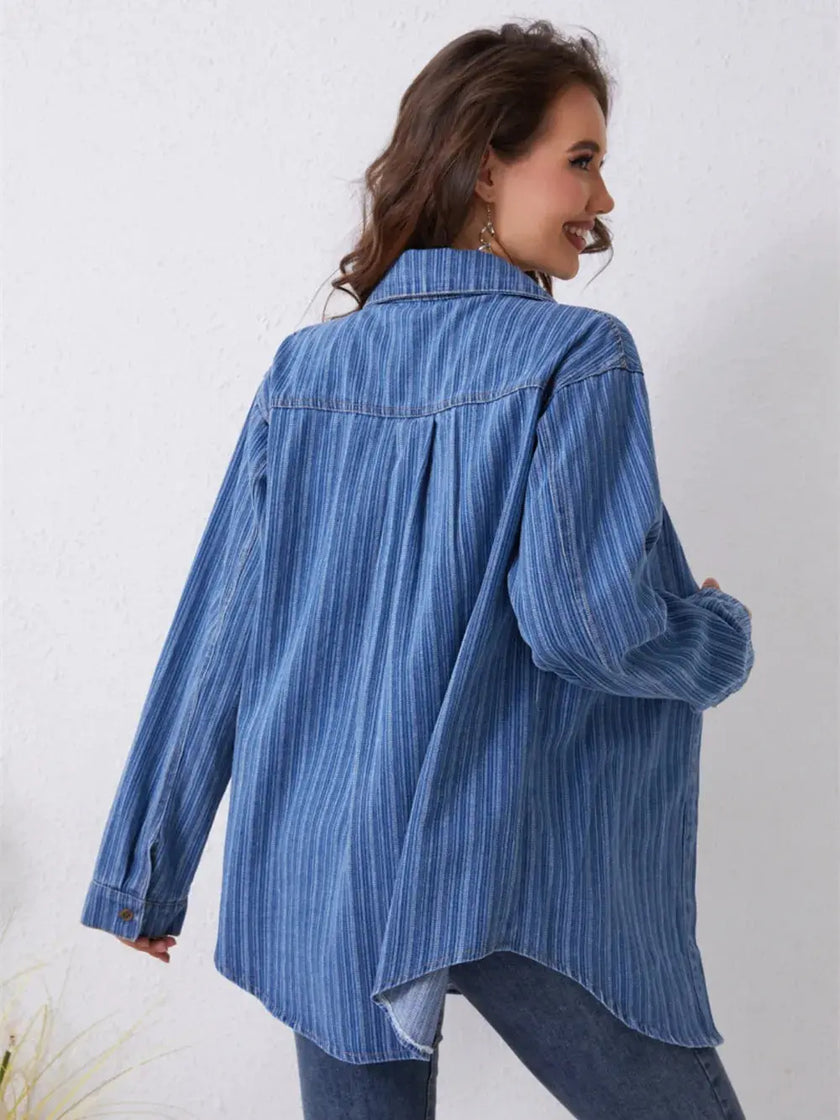 Pocketed Striped Button Up Denim Shirt  Style Ratio