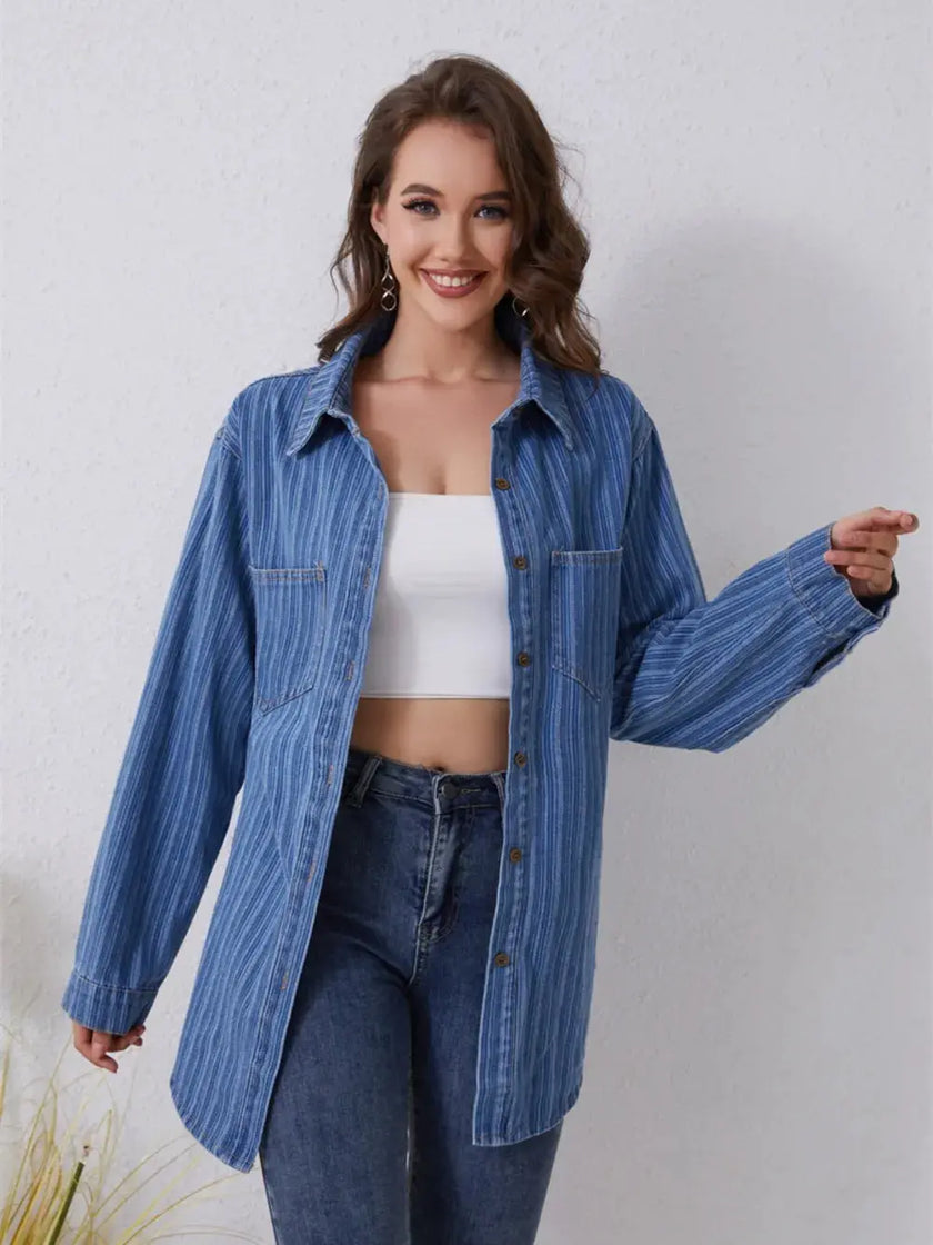 Pocketed Striped Button Up Denim Shirt  Style Ratio