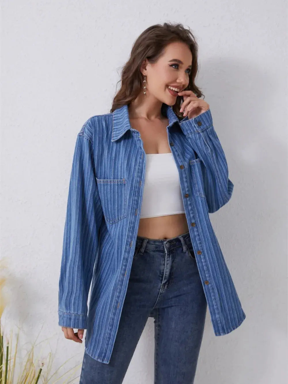 Pocketed Striped Button Up Denim Shirt  Style Ratio
