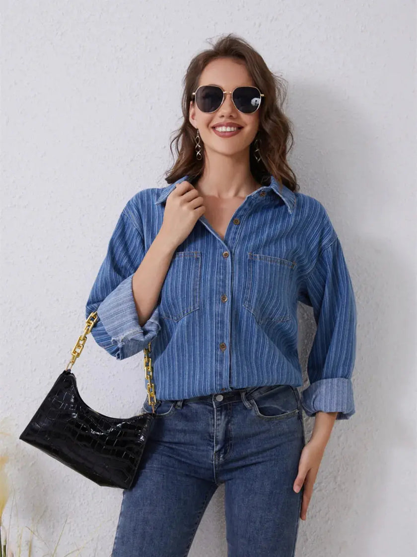 Pocketed Striped Button Up Denim Shirt  Style Ratio