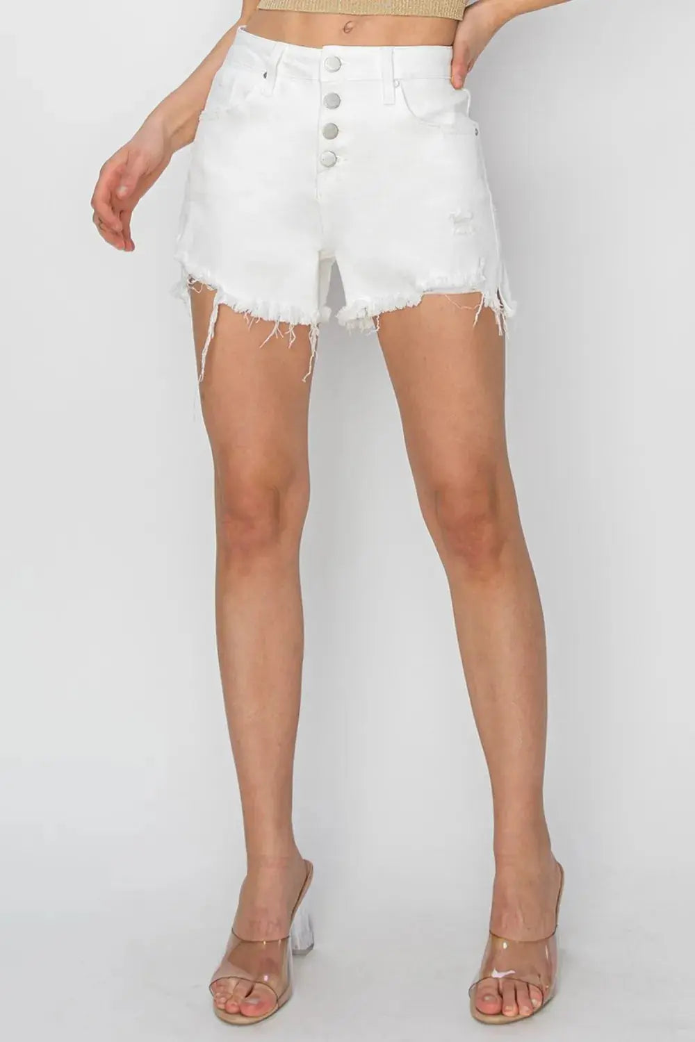 RISEN Button Fly Frayed Hem Denim Shorts  Style Ratio