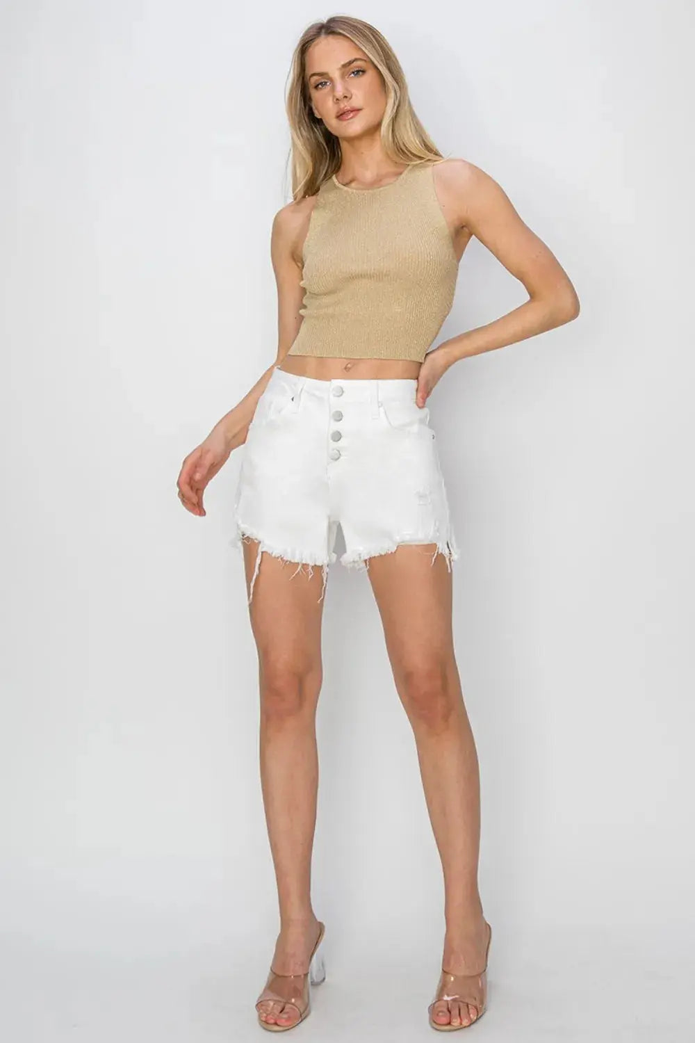 RISEN Button Fly Frayed Hem Denim Shorts  Style Ratio