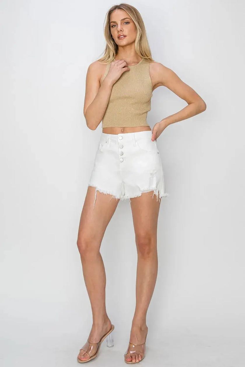 RISEN Button Fly Frayed Hem Denim Shorts  Style Ratio