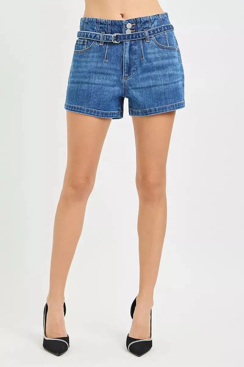 RISEN Double Button Slouchy Denim Shorts with Belt  Style Ratio