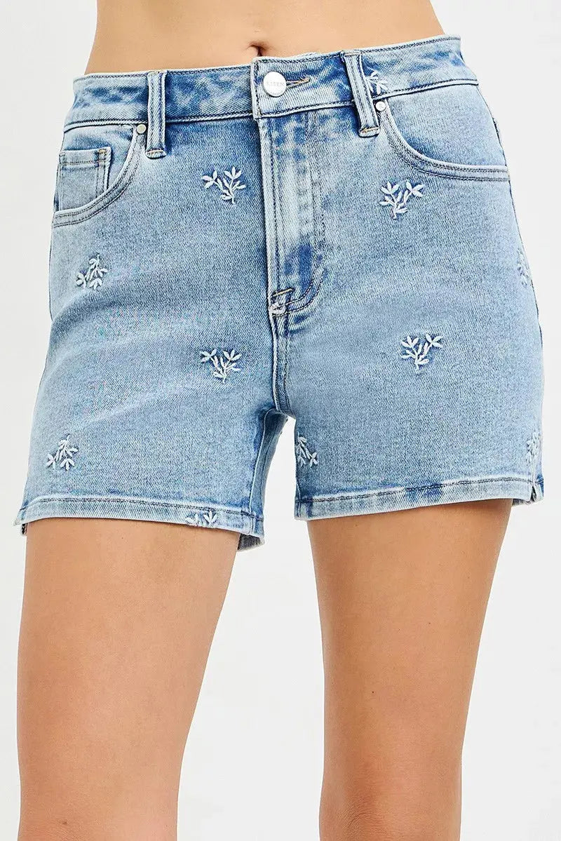 RISEN High Rise Denim Shorts with Embroidered Detail  Style Ratio