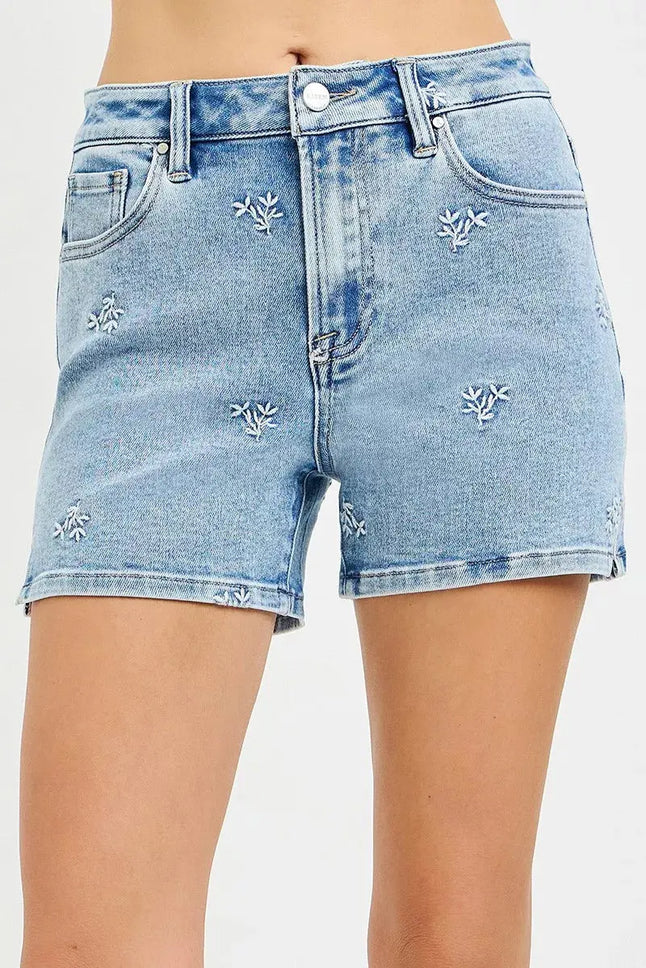 RISEN High Rise Denim Shorts with Embroidered Detail  Style Ratio