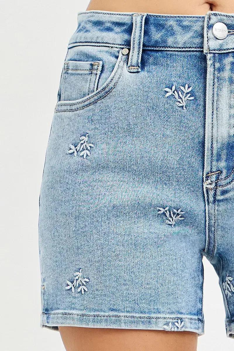 RISEN High Rise Denim Shorts with Embroidered Detail  Style Ratio