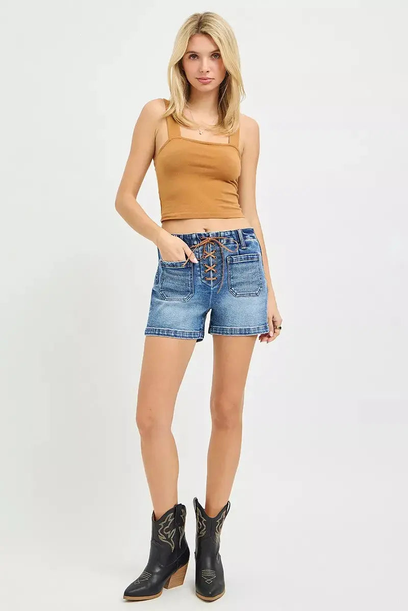 RISEN High Rise Front Tie Up Shorts with Patch Pockets  Style Ratio