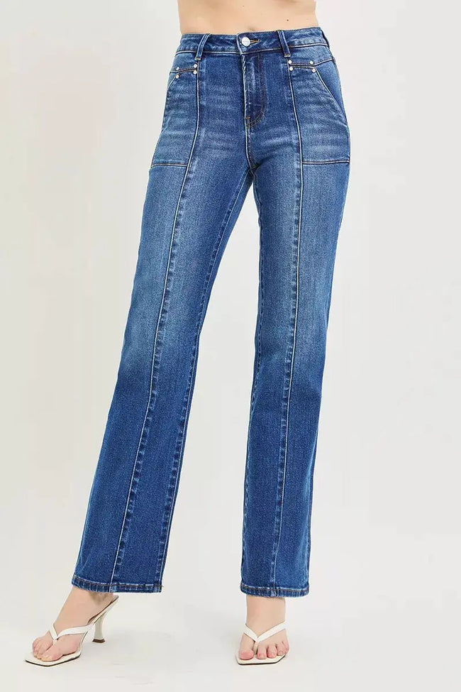 RISEN High Rise Straight Patch Pocket Seamed Jeans  Style Ratio