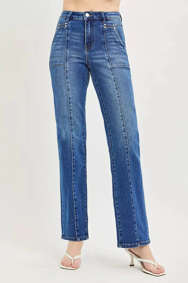 RISEN High Rise Straight Patch Pocket Seamed Jeans  Style Ratio