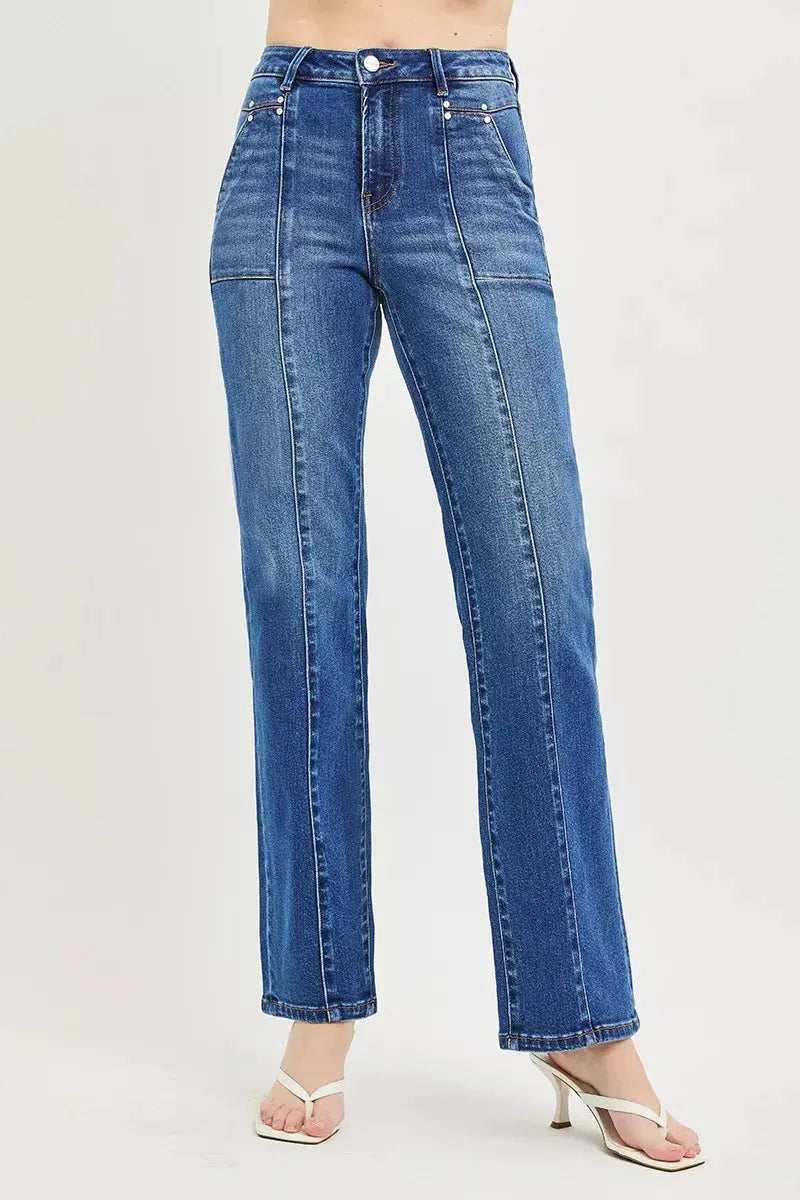 RISEN High Rise Straight Patch Pocket Seamed Jeans  Style Ratio