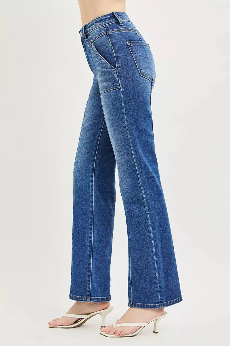 RISEN High Rise Straight Patch Pocket Seamed Jeans  Style Ratio