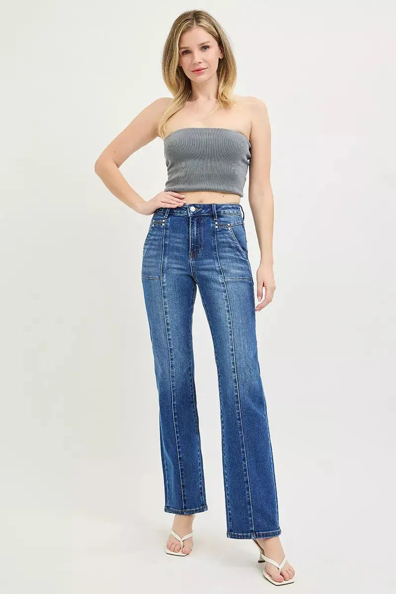 RISEN High Rise Straight Patch Pocket Seamed Jeans  Style Ratio