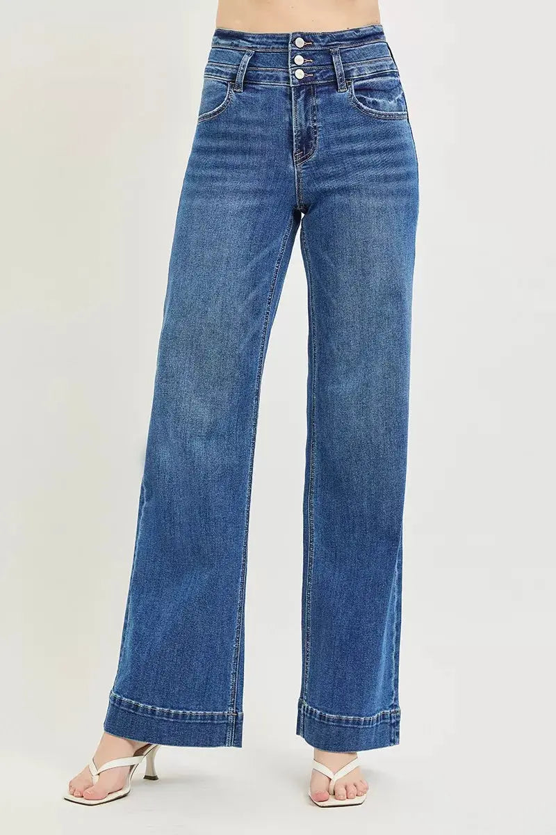 RISEN High Rise Wide Leg Wide Band Detail Jeans  Style Ratio