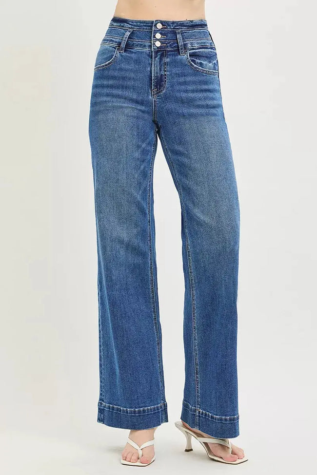 RISEN High Rise Wide Leg Wide Band Detail Jeans  Style Ratio