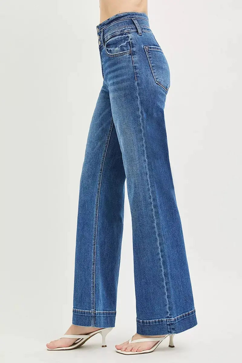 RISEN High Rise Wide Leg Wide Band Detail Jeans  Style Ratio
