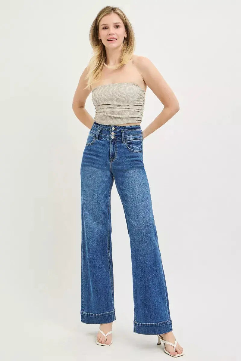 RISEN High Rise Wide Leg Wide Band Detail Jeans  Style Ratio