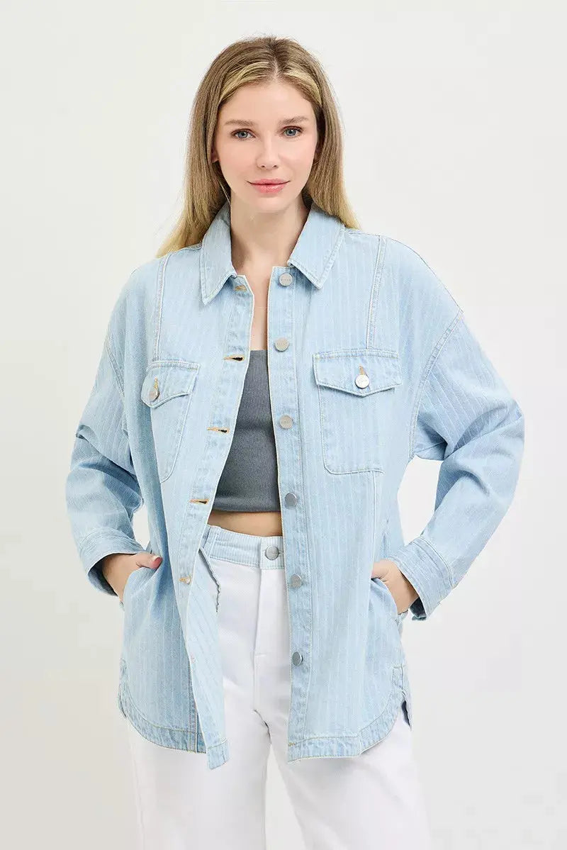RISEN Oversized Stripe Denim Shaket  Style Ratio