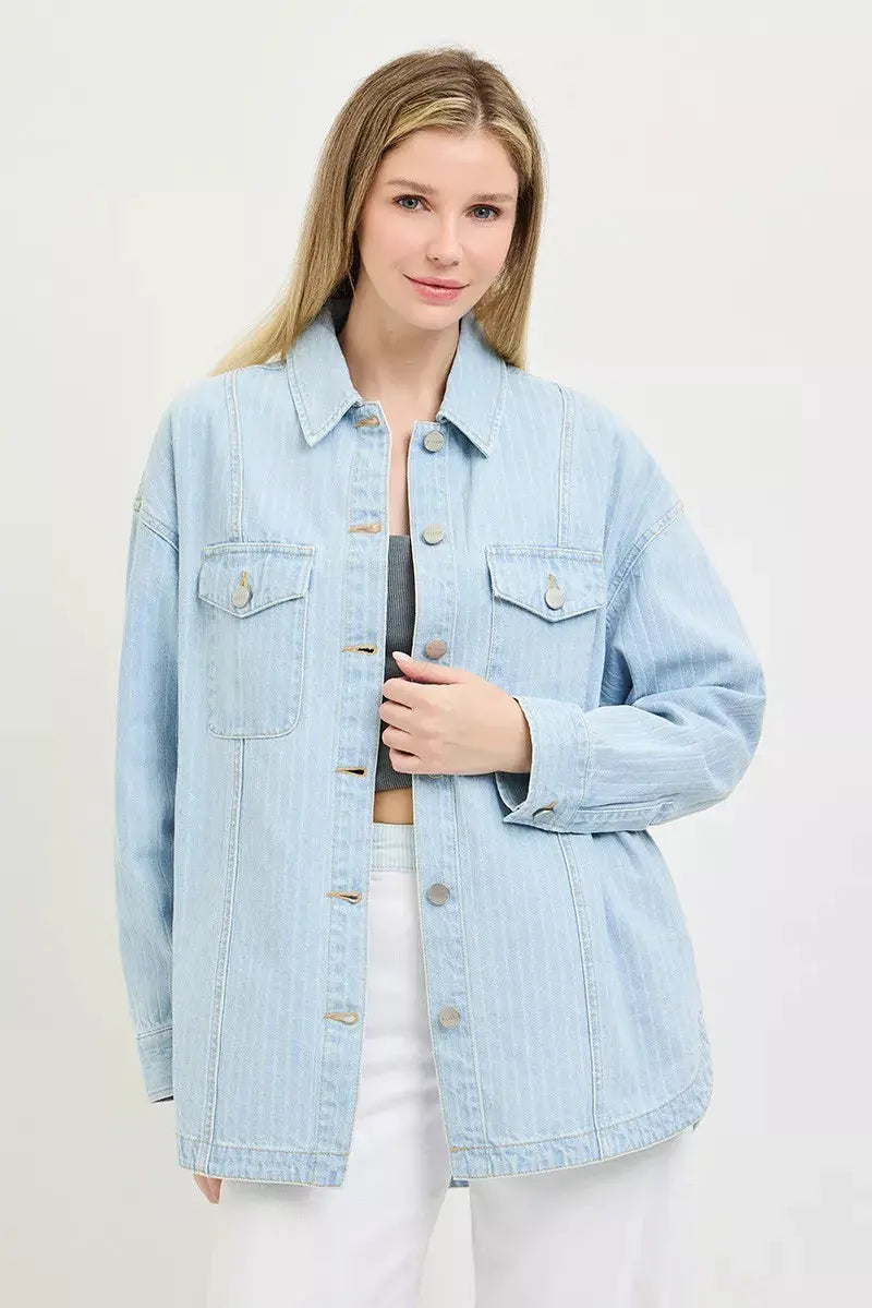 RISEN Oversized Stripe Denim Shaket  Style Ratio