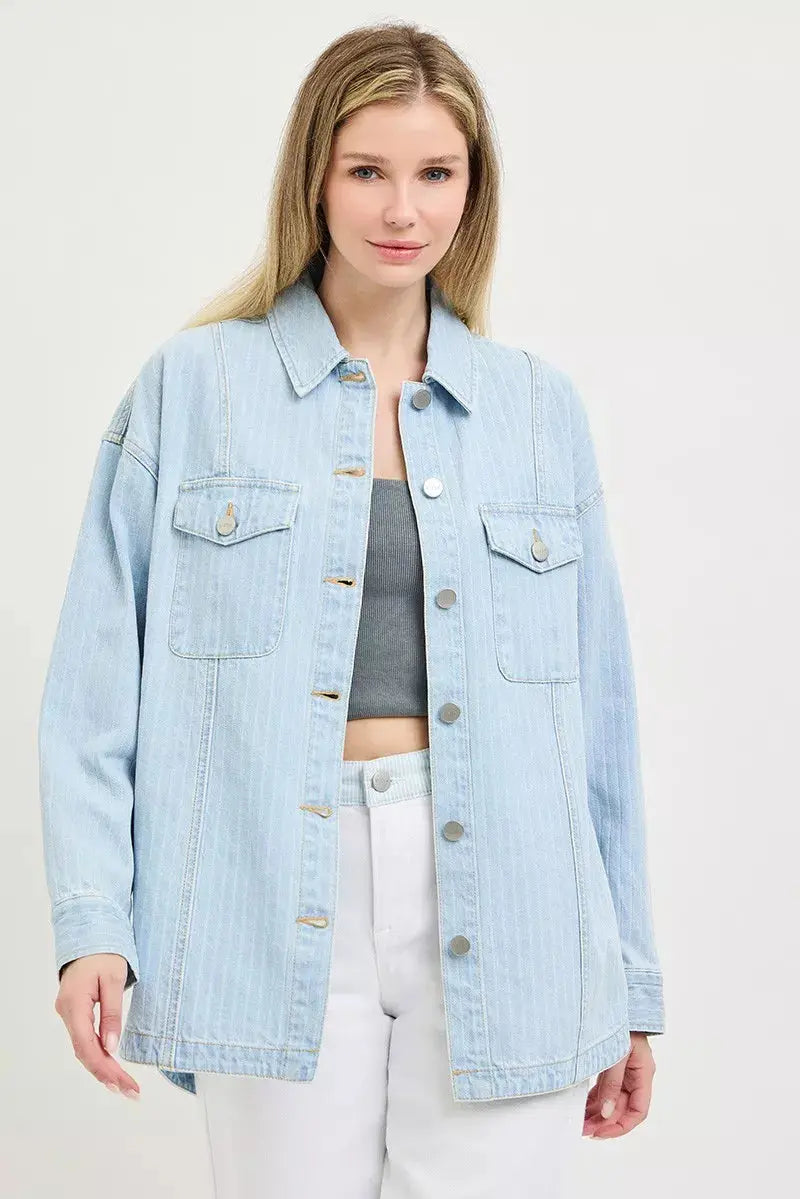 RISEN Oversized Stripe Denim Shaket  Style Ratio