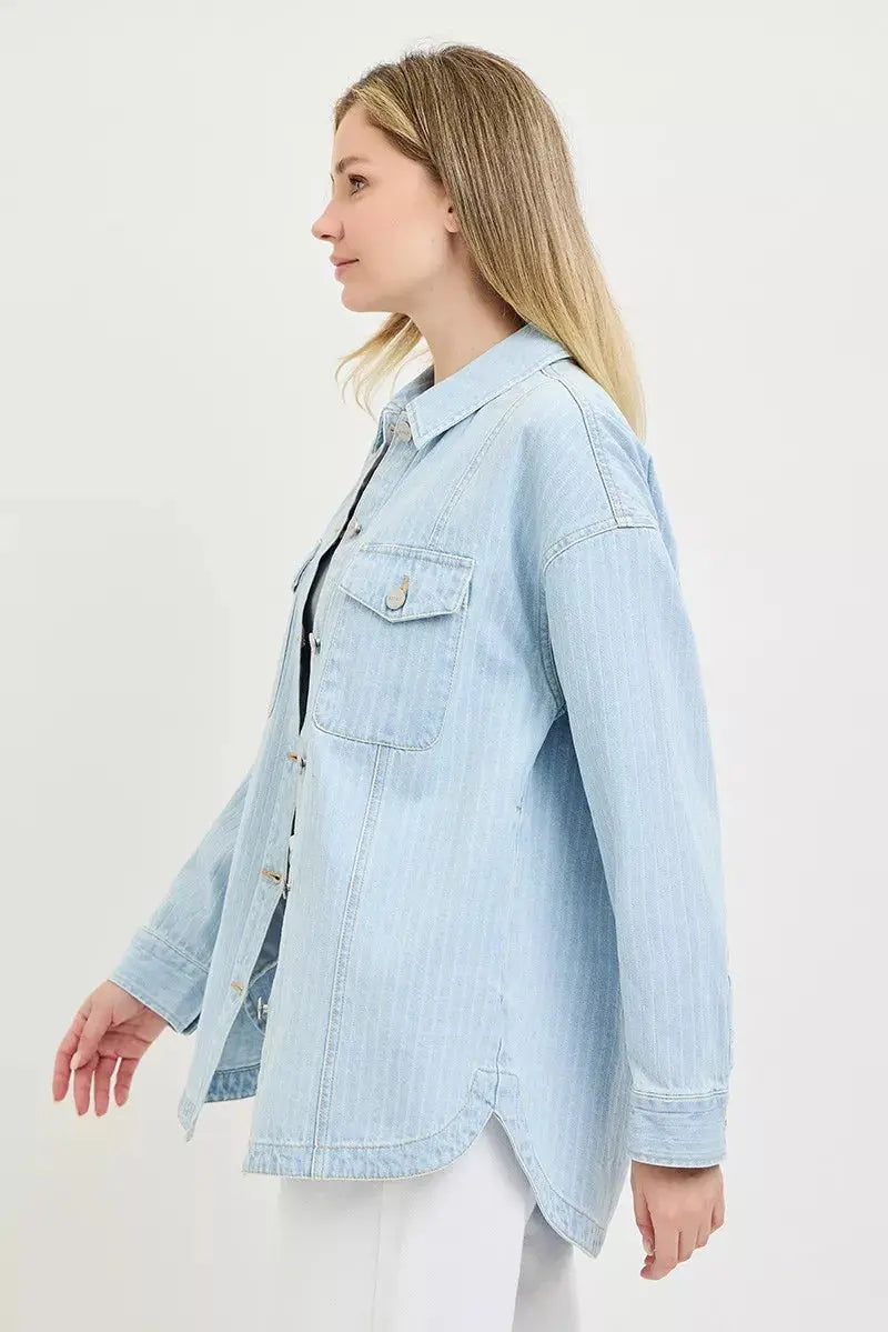 RISEN Oversized Stripe Denim Shaket  Style Ratio