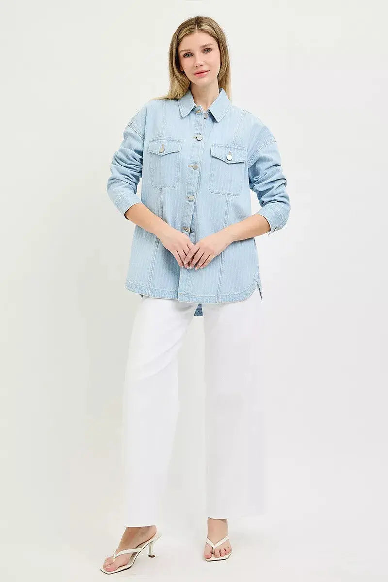 RISEN Oversized Stripe Denim Shaket  Style Ratio