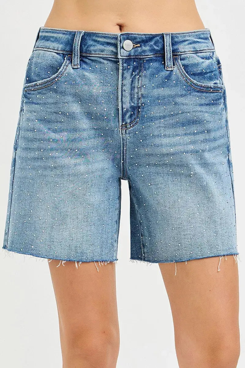 RISEN Slouchy Mid Length All Over Rhinestones Shorts  Style Ratio