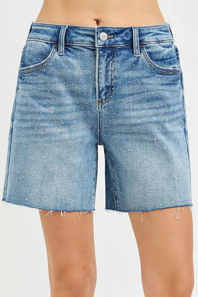 RISEN Slouchy Mid Length All Over Rhinestones Shorts  Style Ratio