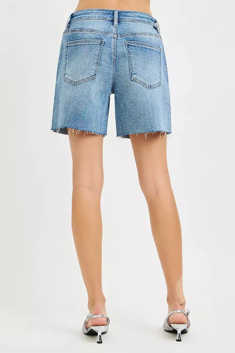RISEN Slouchy Mid Length All Over Rhinestones Shorts  Style Ratio
