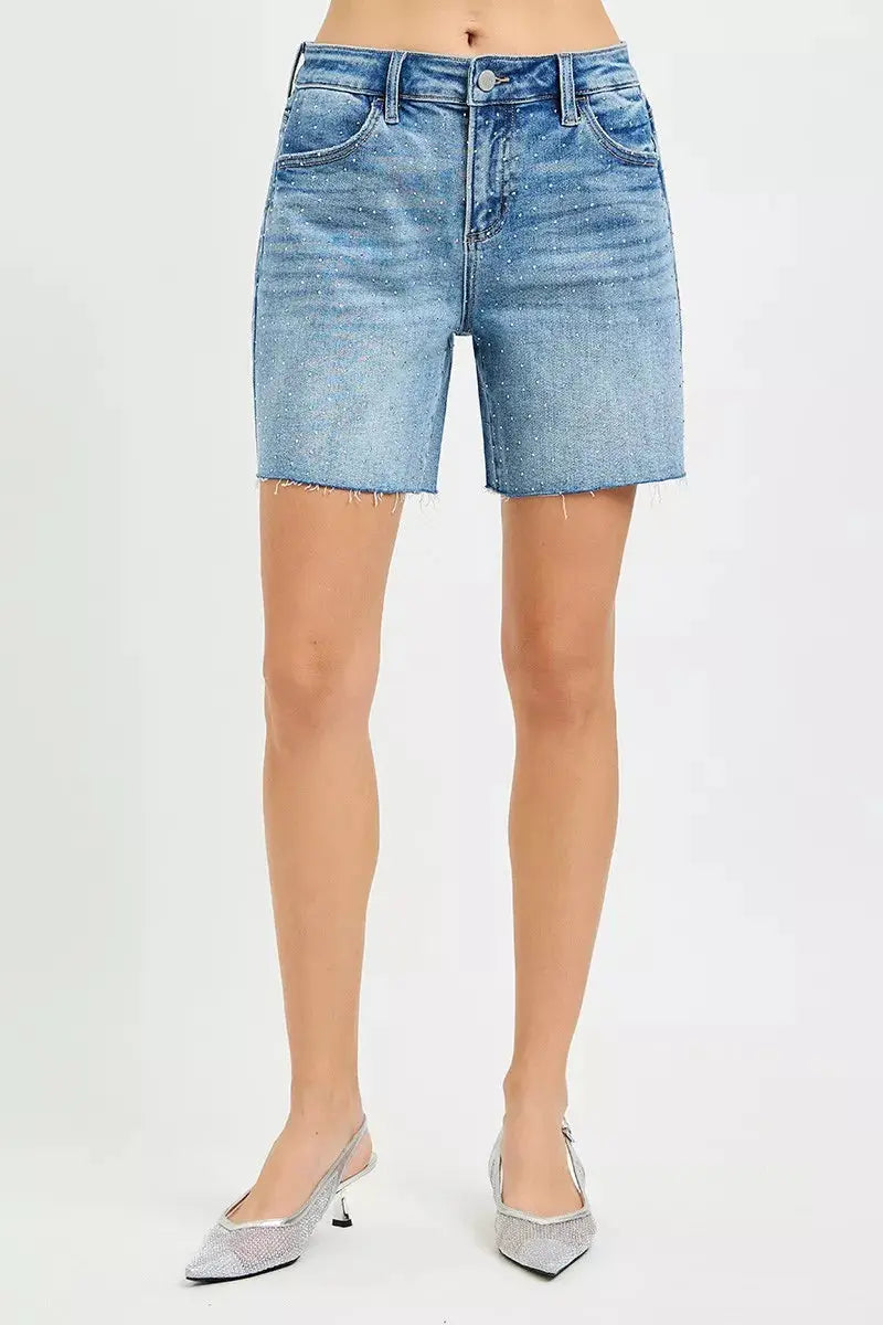 RISEN Slouchy Mid Length All Over Rhinestones Shorts  Style Ratio