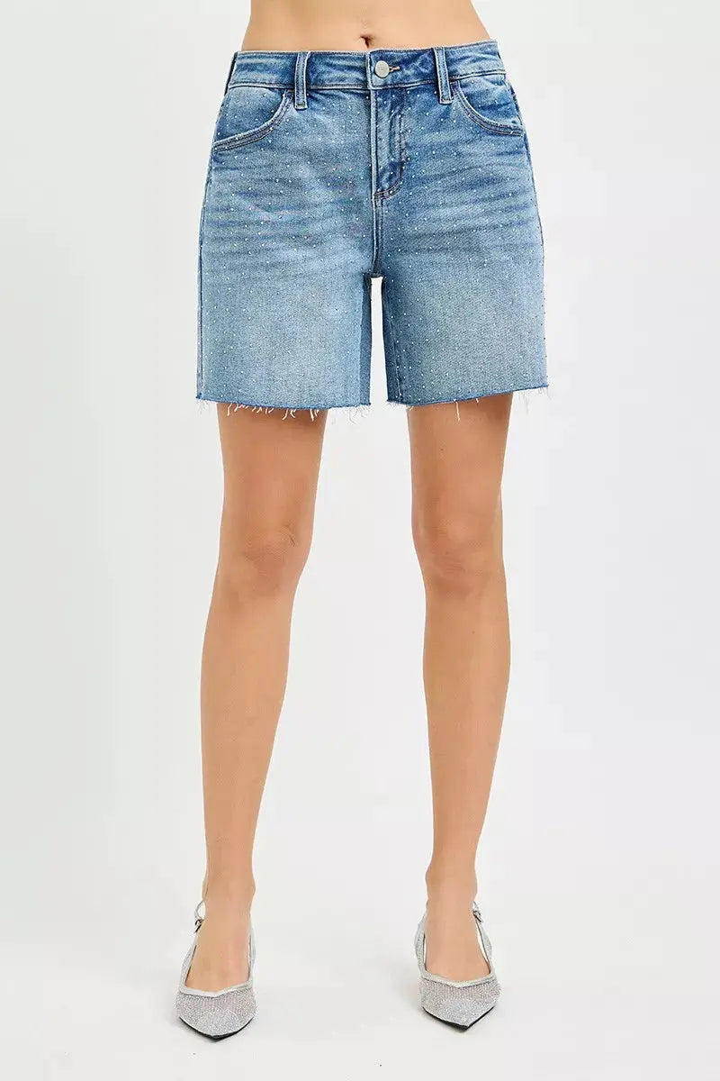 RISEN Slouchy Mid Length All Over Rhinestones Shorts  Style Ratio