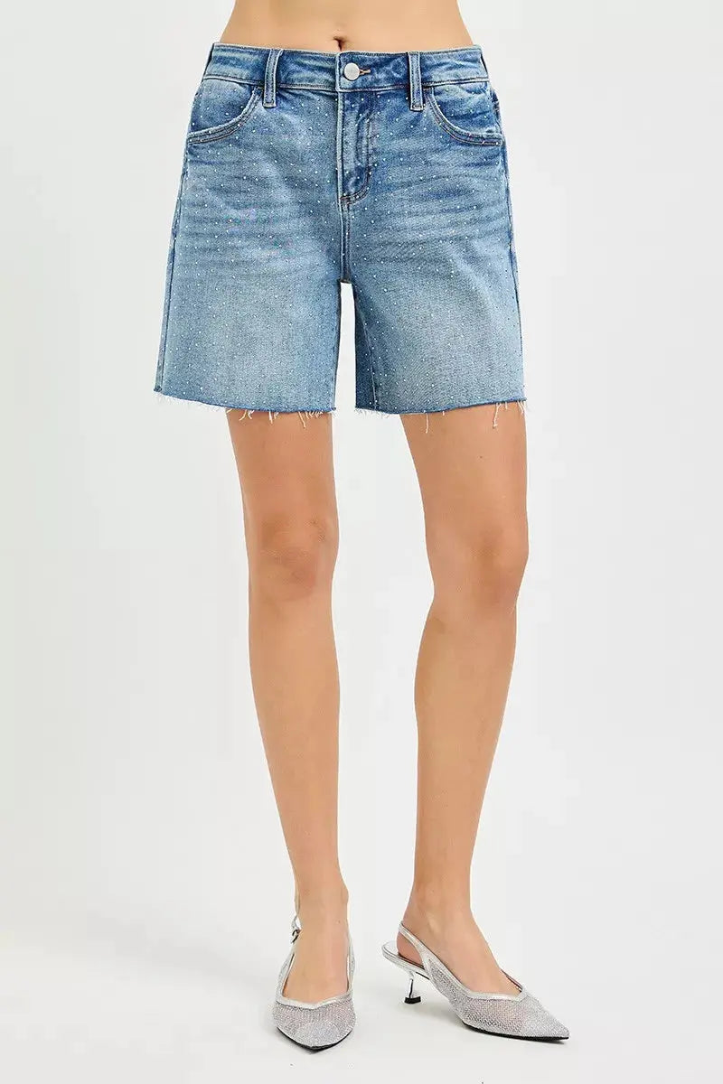 RISEN Slouchy Mid Length All Over Rhinestones Shorts  Style Ratio
