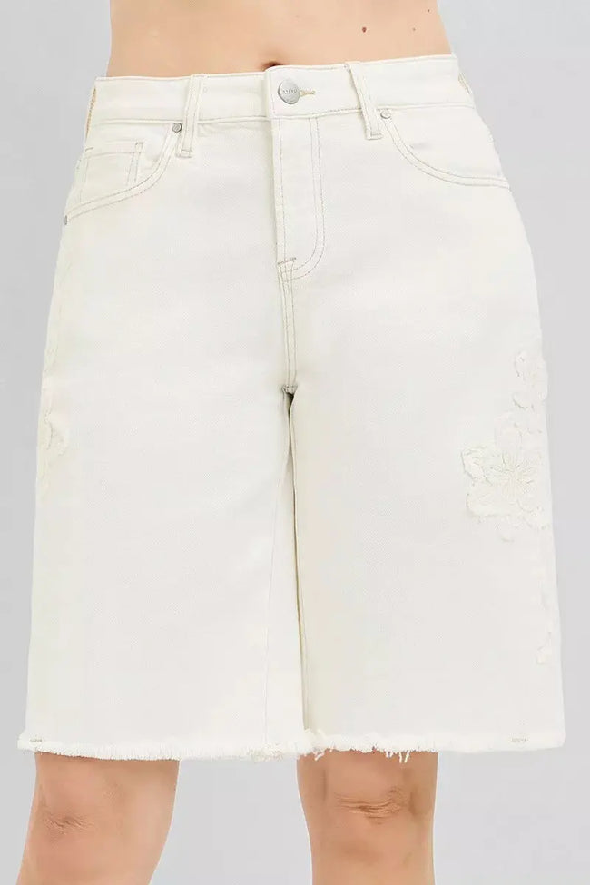 RISEN Slouchy Relaxed Floral Embroidered Bermuda Denim Shorts  Style Ratio
