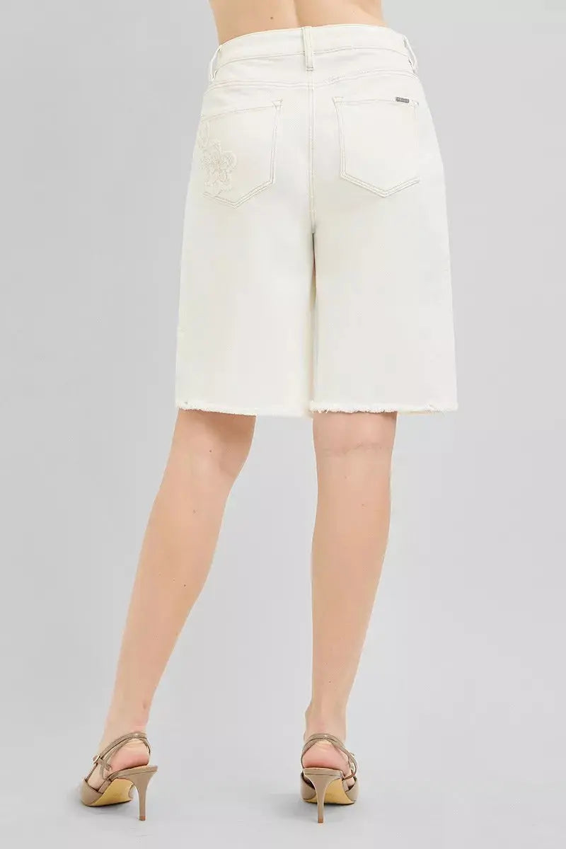 RISEN Slouchy Relaxed Floral Embroidered Bermuda Denim Shorts  Style Ratio