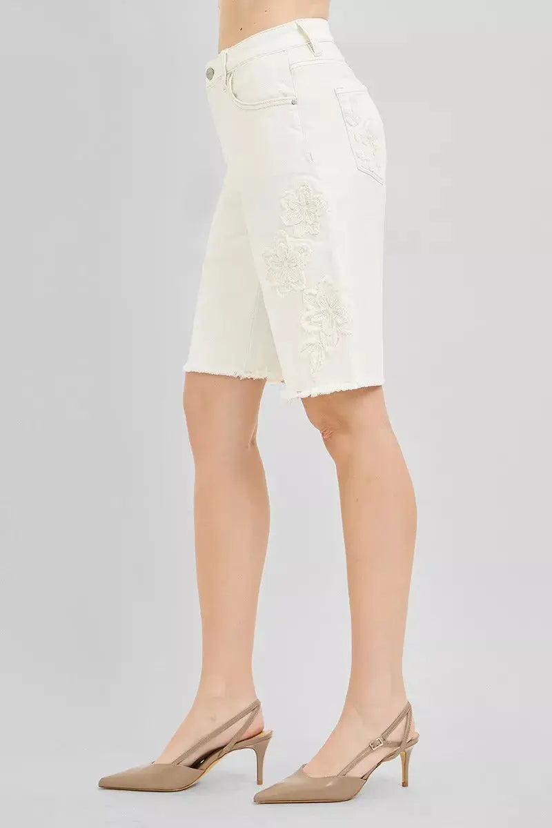 RISEN Slouchy Relaxed Floral Embroidered Bermuda Denim Shorts  Style Ratio